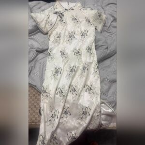 Elegant Floral Formal Dress in Cream and Black